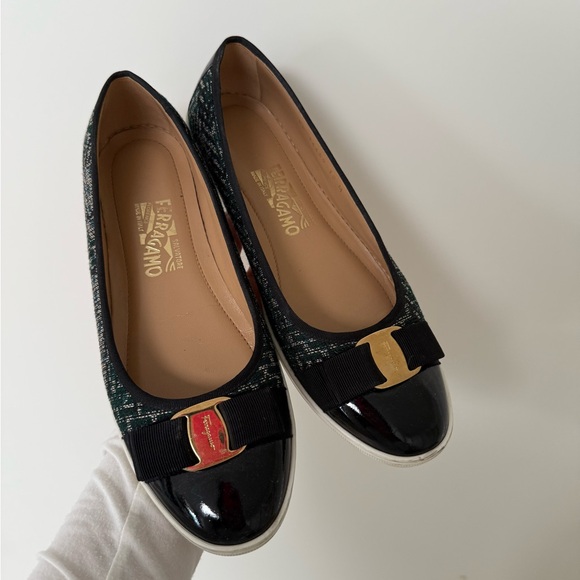 Salvatore Ferragamo Shoes - Salvatore Ferragamo Black, Grey & Green Tweed Vara Bow Flats